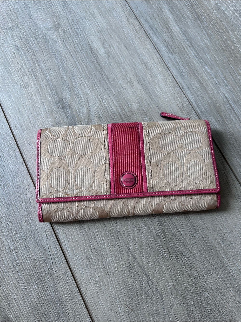 Coach Beige Signature Canvas Pink Leather Trim Wallet Y2K Designer Snap Closure